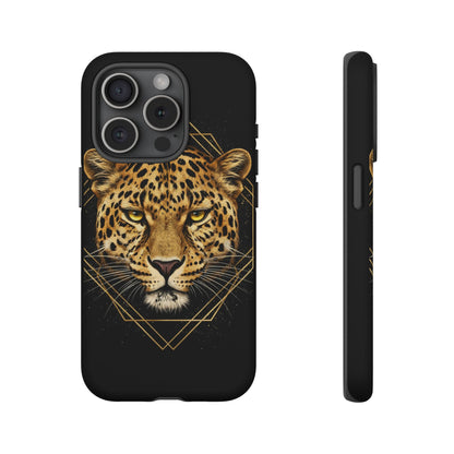 Leopard Head Geometric Phone Case – Black & Gold Luxe Tough Case