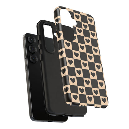 Checkerboard Heart Phone Case – Black & Beige Cute Aesthetic Protective Cover for Iphone, Samsung Galaxy and Pixel