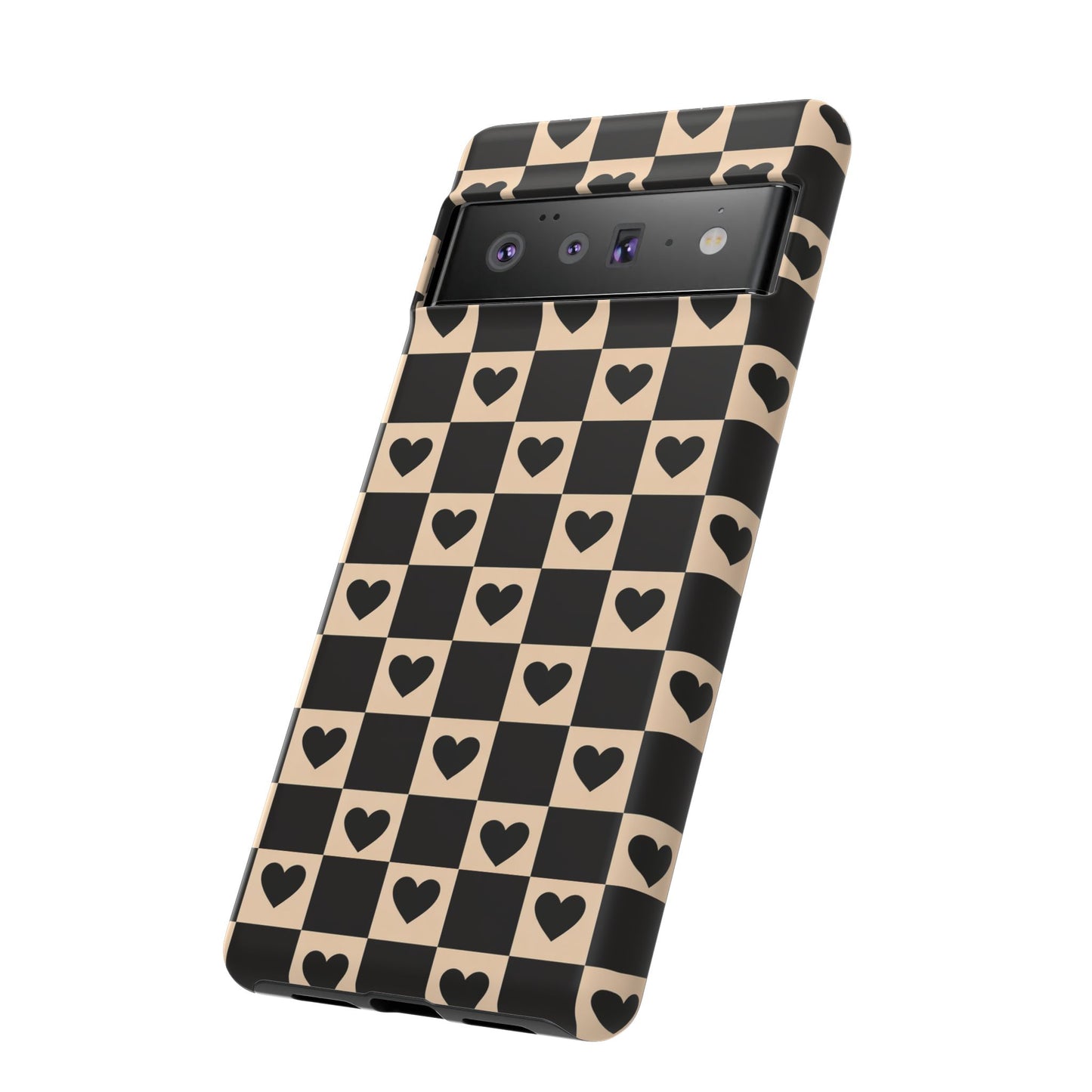 Checkerboard Heart Phone Case – Black & Beige Cute Aesthetic Protective Cover for Iphone, Samsung Galaxy and Pixel