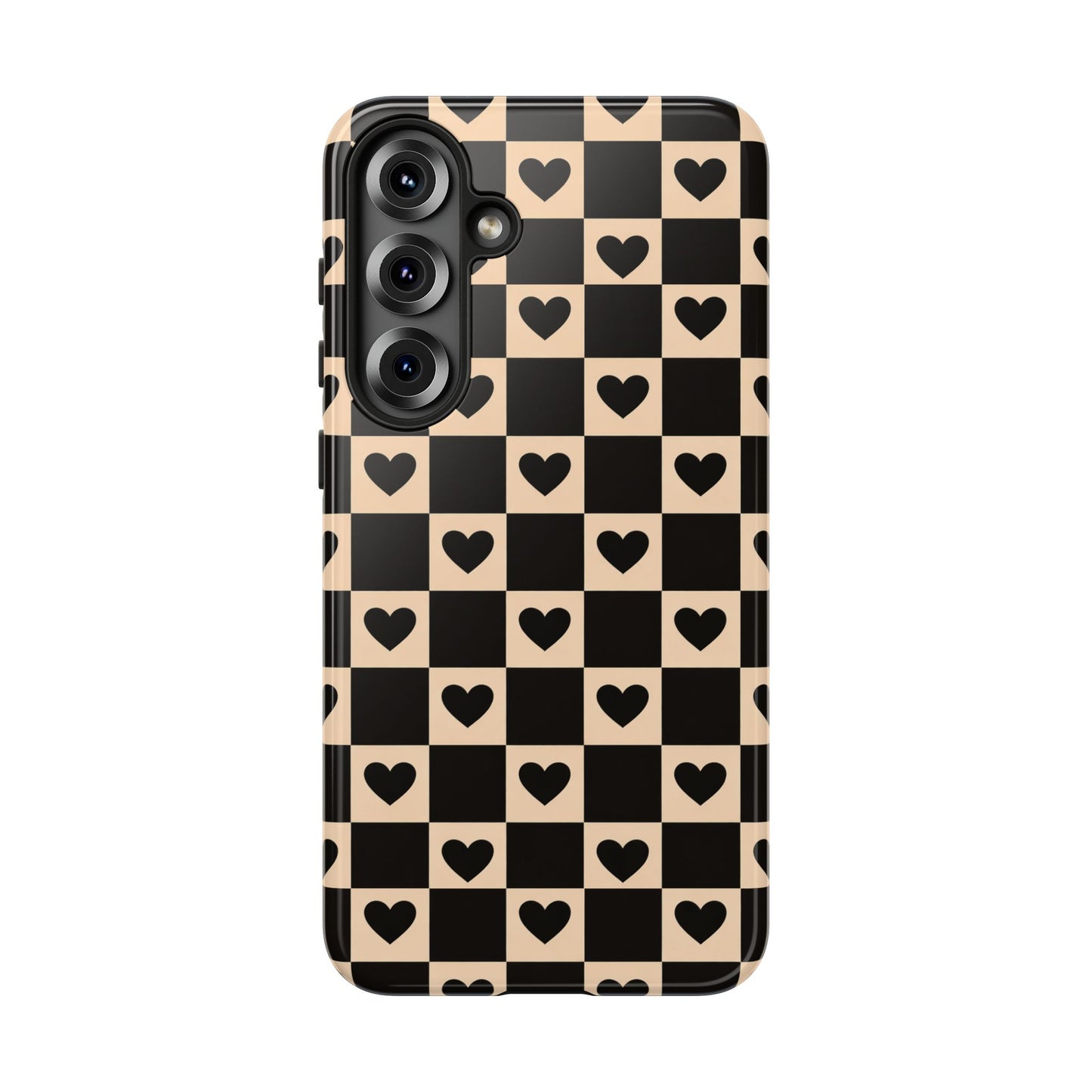 Checkerboard Heart Phone Case – Black & Beige Cute Aesthetic Protective Cover for Iphone, Samsung Galaxy and Pixel