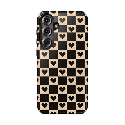 Checkerboard Heart Phone Case – Black & Beige Cute Aesthetic Protective Cover for Iphone, Samsung Galaxy and Pixel