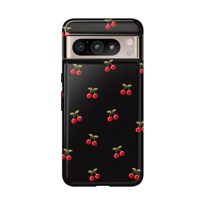 Cherry Pattern Phone Case — Slim Black Protective iPhone Case with Red Cherries for Iphone, Samsung Galaxy and Pixel