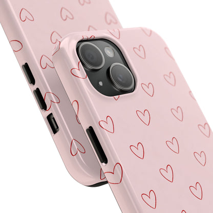 Pink Doodle Hearts Phone Case | Minimal Cute Heart Pattern Tough Case