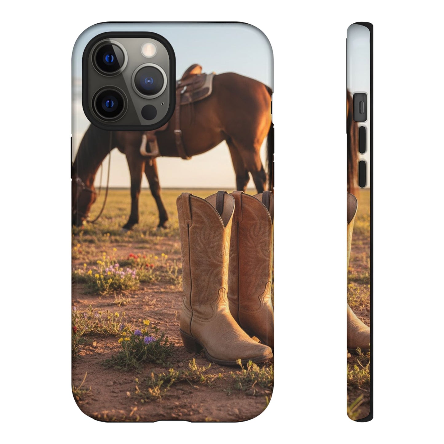 Western Cowboy Boots Phone Case – Rustic Horse Sunset Tough Case (iPhone, Samsung, Pixel)