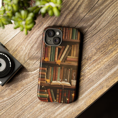 Cozy Vintage Bookshelf Phone Case, Library Aesthetic Book Stack, Autumn Coffee Vibes (iPhone, Samsung, Pixel)