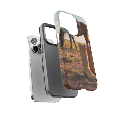 Western Cowboy Boots Phone Case – Rustic Horse Sunset Tough Case (iPhone, Samsung, Pixel)