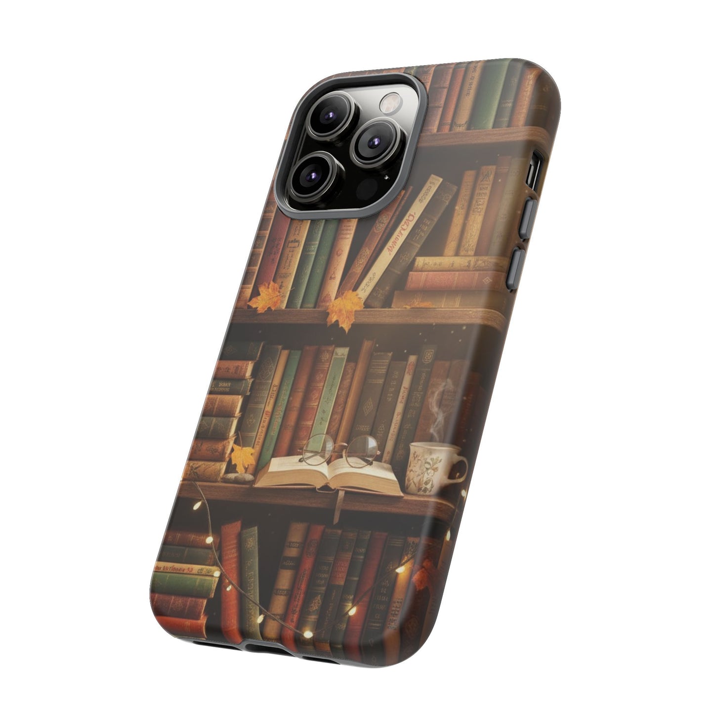 Cozy Vintage Bookshelf Phone Case, Library Aesthetic Book Stack, Autumn Coffee Vibes (iPhone, Samsung, Pixel)