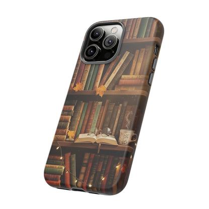 Cozy Vintage Bookshelf Phone Case, Library Aesthetic Book Stack, Autumn Coffee Vibes (iPhone, Samsung, Pixel)