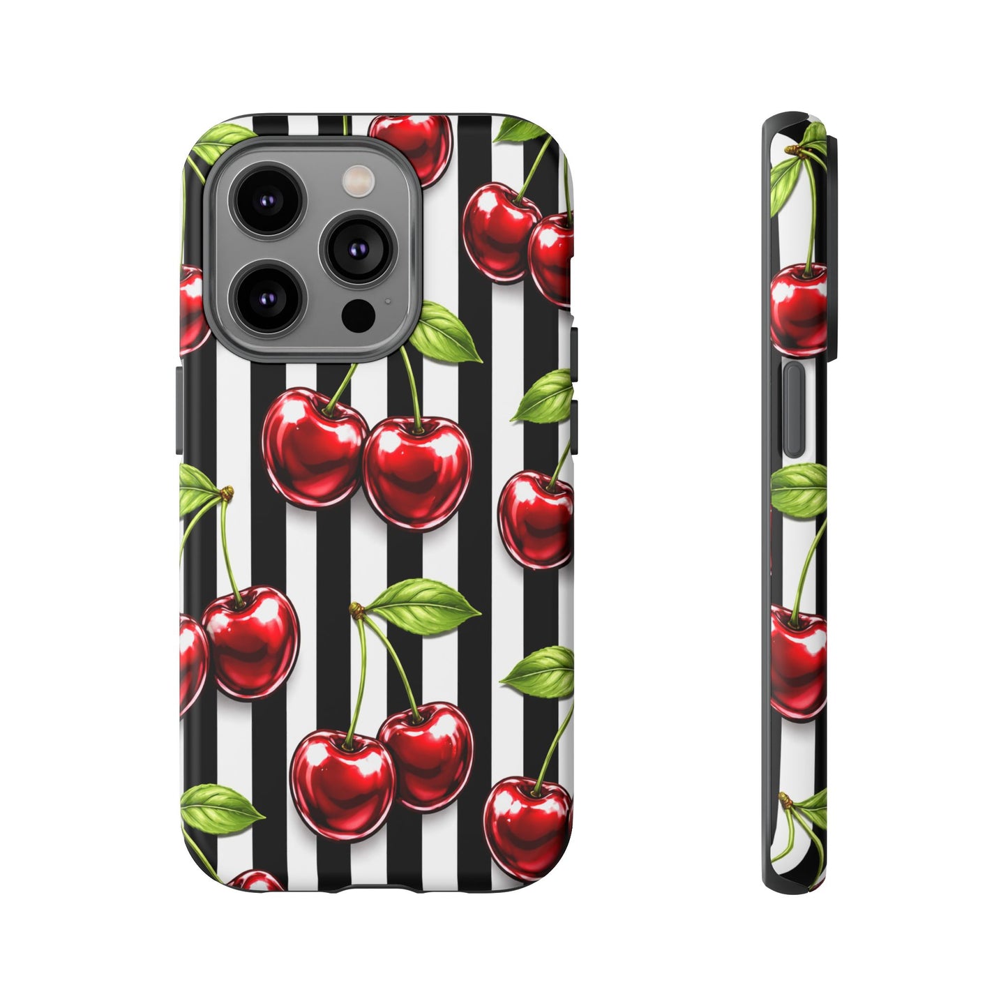 Cherry Pattern Phone Case Black White Stripe Retro Aesthetic Tough Cover