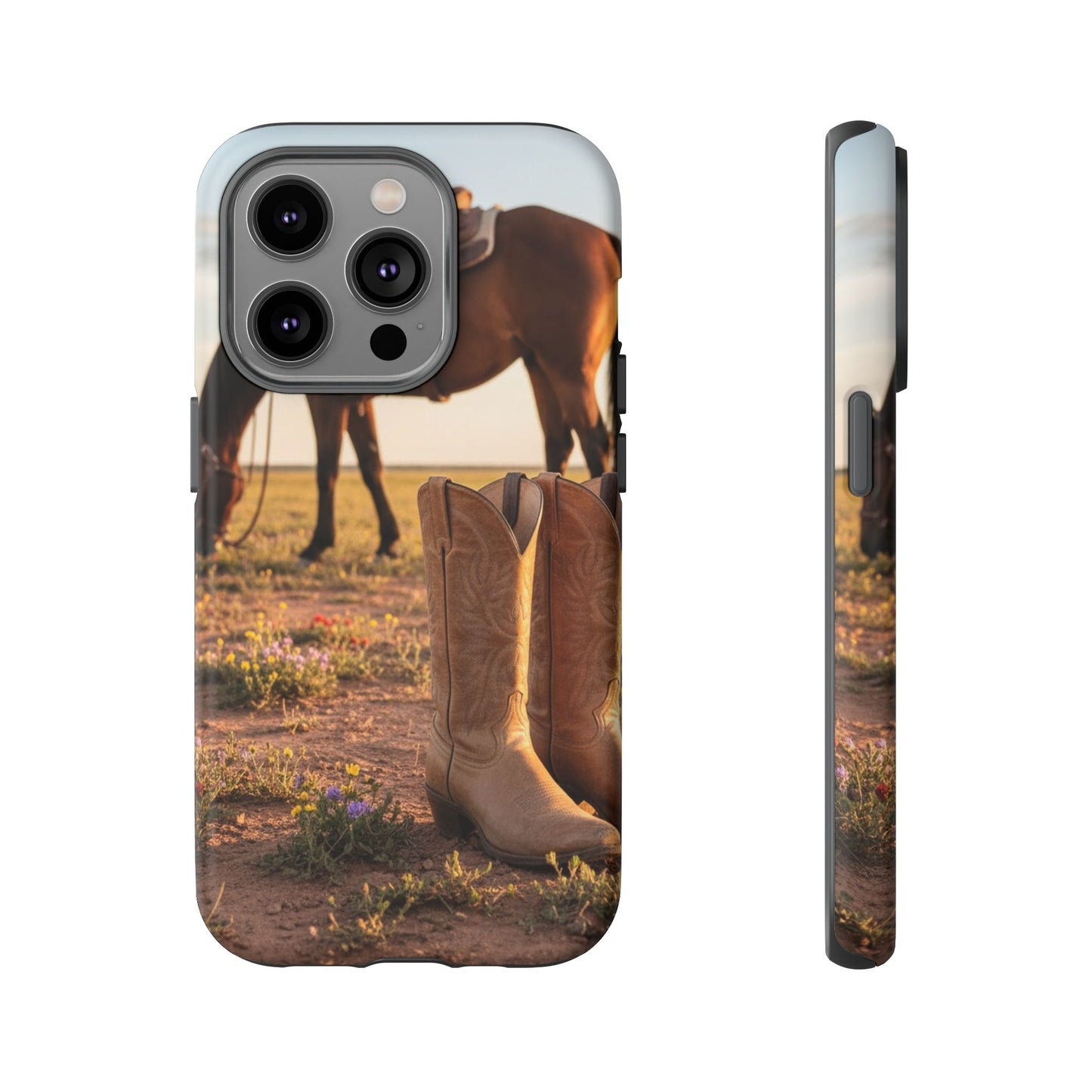 Western Cowboy Boots Phone Case – Rustic Horse Sunset Tough Case (iPhone, Samsung, Pixel)