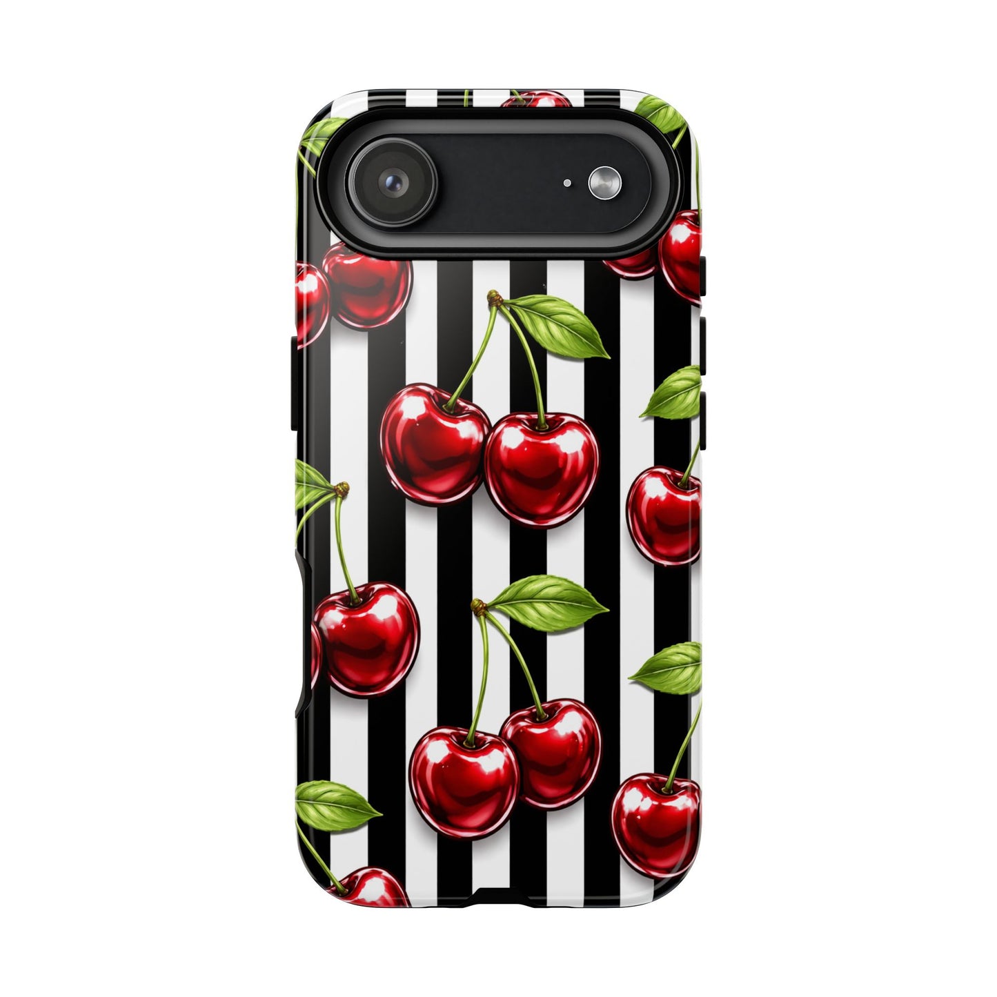 Cherry Pattern Phone Case Black White Stripe Retro Aesthetic Tough Cover
