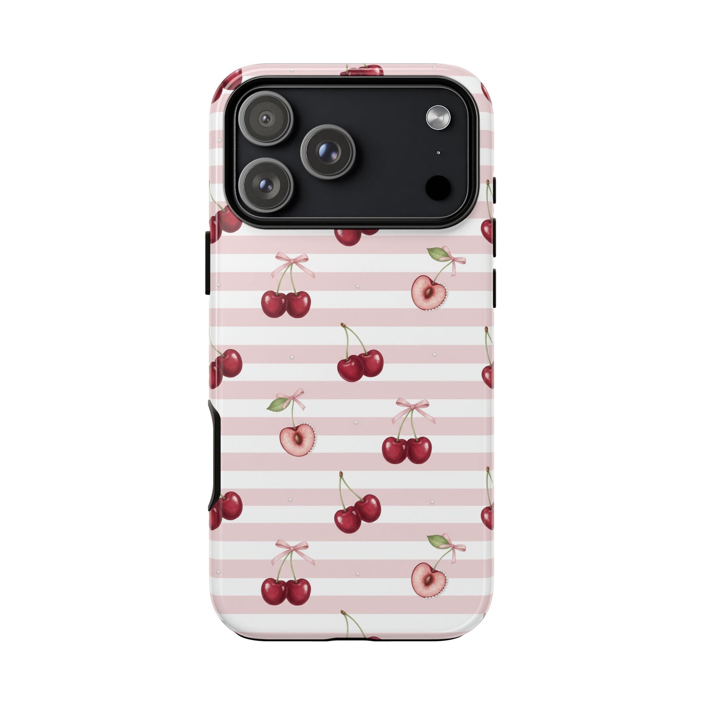 Pink Cherry Stripe Phone Case | Cute Coquette Aesthetic Protective Tough Case
