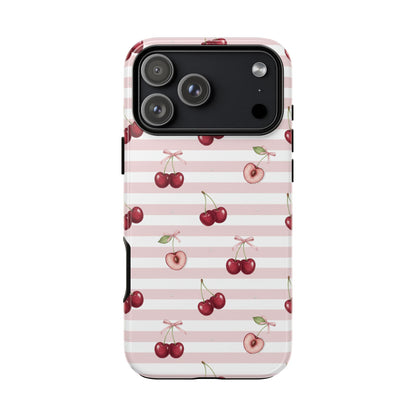 Pink Cherry Stripe Phone Case | Cute Coquette Aesthetic Protective Tough Case