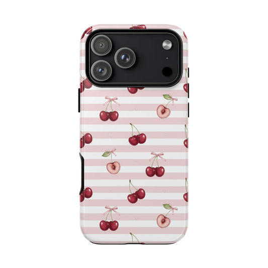Pink Cherry Stripe Phone Case | Cute Coquette Aesthetic Protective Tough Case
