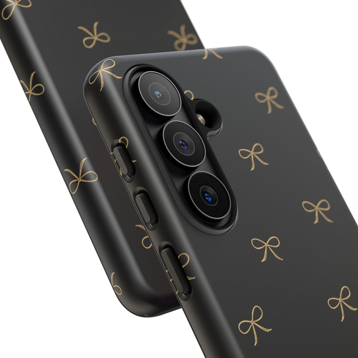 Black Phone Case with Gold Bow Pattern – Slim Protective Cute Aesthetic Cover for Iphone, Samsung Galaxy and Pixel