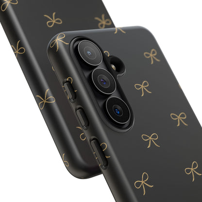 Black Phone Case with Gold Bow Pattern – Slim Protective Cute Aesthetic Cover for Iphone, Samsung Galaxy and Pixel