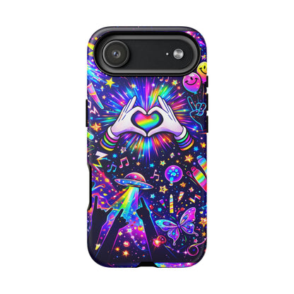 Rainbow Heart Hands Phone Case – Neon Galaxy EDM Festival Tough Cover
