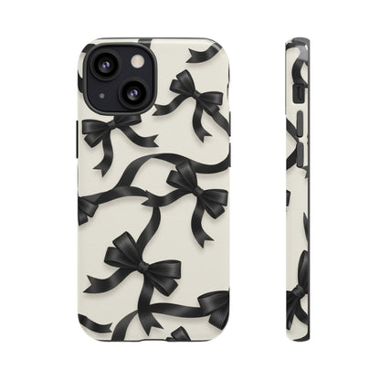 Black Ribbon Bow Phone Case, Minimal Bow Pattern Tough Protective Case
