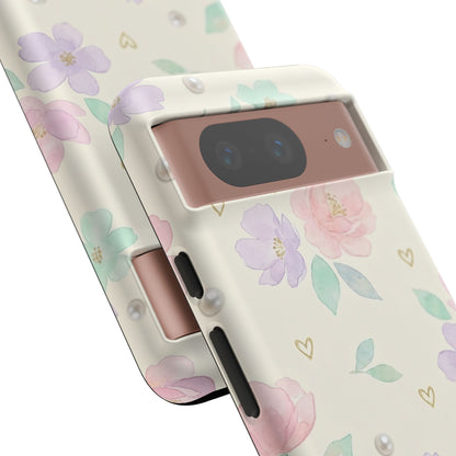 Pastel Floral Phone Case – Coquette Watercolor Flower Hearts Tough Case (iPhone, Samsung, Pixel)
