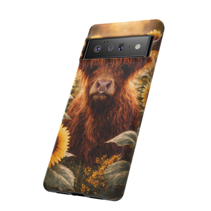 Highland Cow Sunflower Phone Case | Floral Farmhouse iPhone, Samsung Galaxy and Pixel Cover