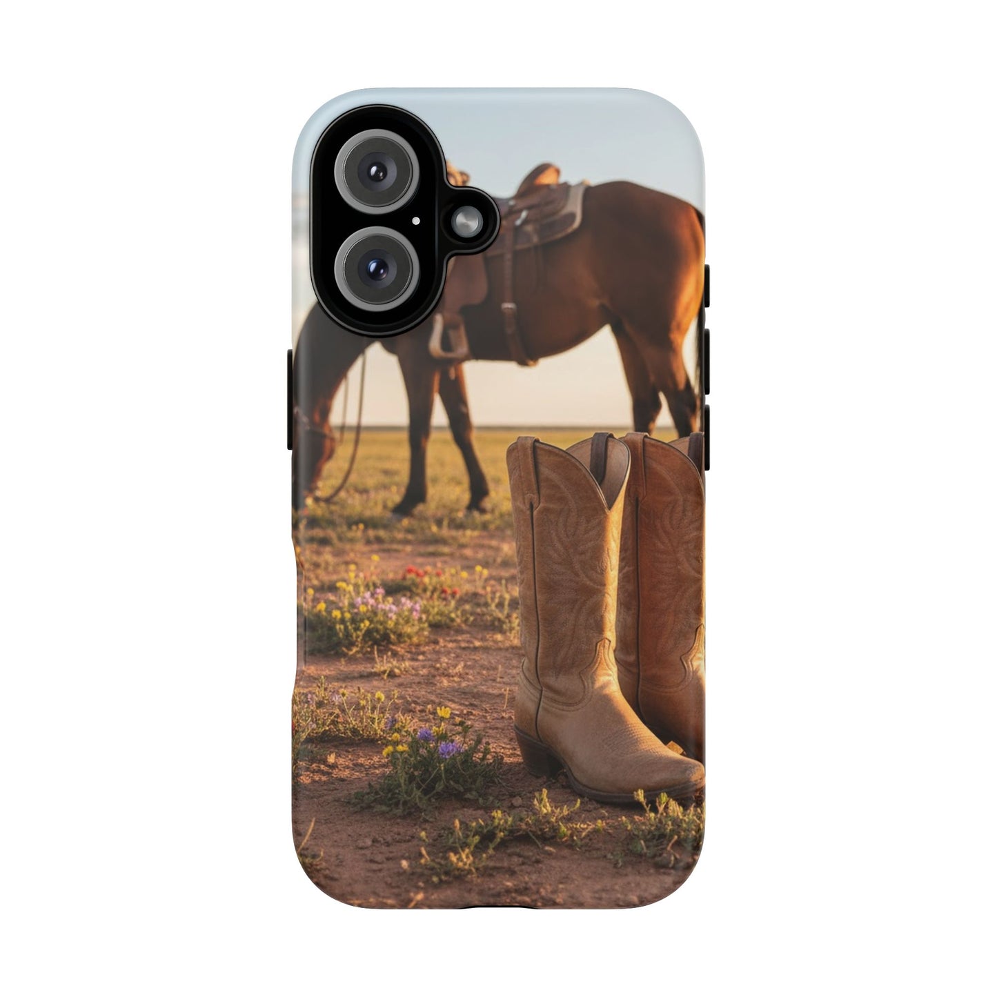 Western Cowboy Boots Phone Case – Rustic Horse Sunset Tough Case (iPhone, Samsung, Pixel)