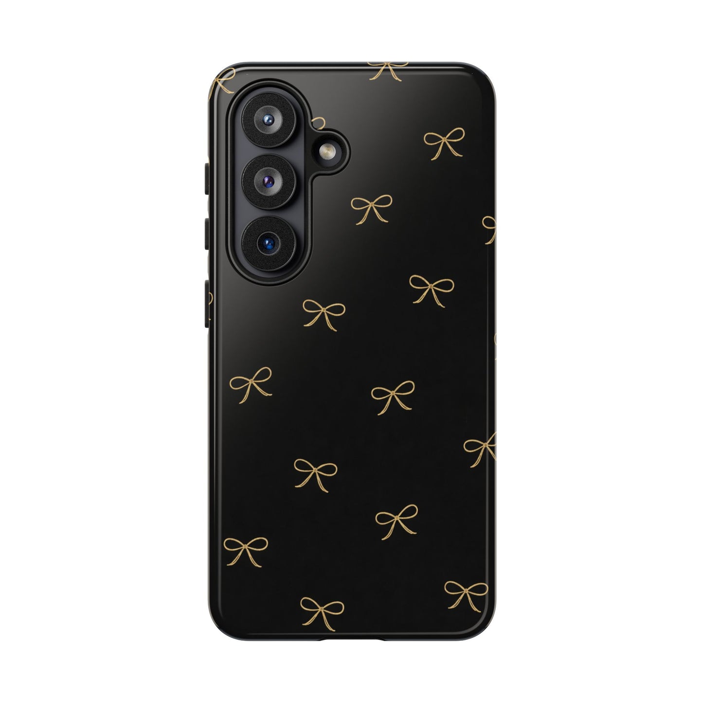 Black Phone Case with Gold Bow Pattern – Slim Protective Cute Aesthetic Cover for Iphone, Samsung Galaxy and Pixel