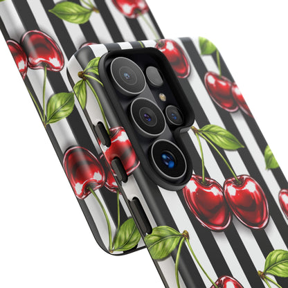 Cherry Pattern Phone Case Black White Stripe Retro Aesthetic Tough Cover