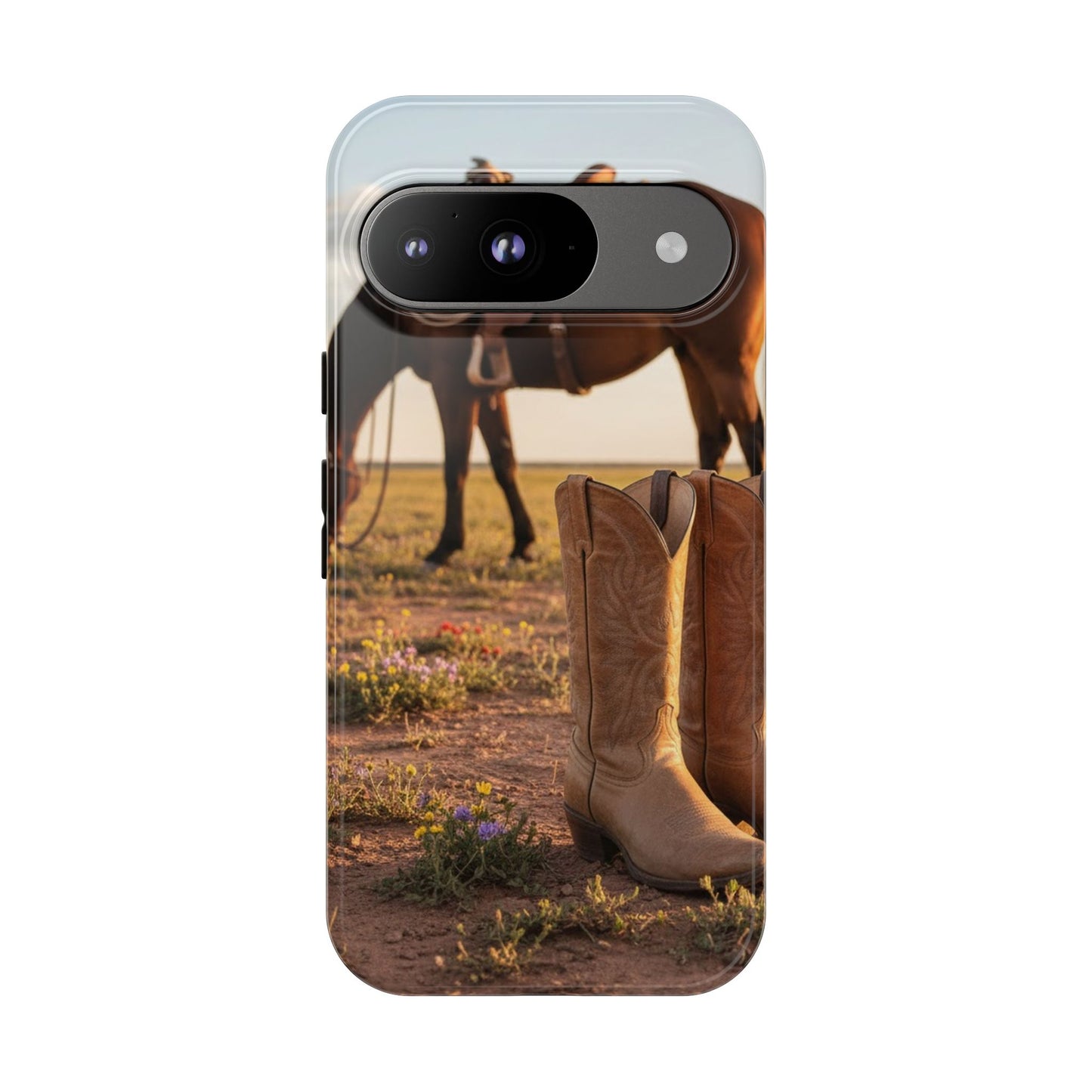 Western Cowboy Boots Phone Case – Rustic Horse Sunset Tough Case (iPhone, Samsung, Pixel)