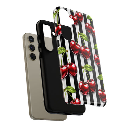 Cherry Pattern Phone Case Black White Stripe Retro Aesthetic Tough Cover