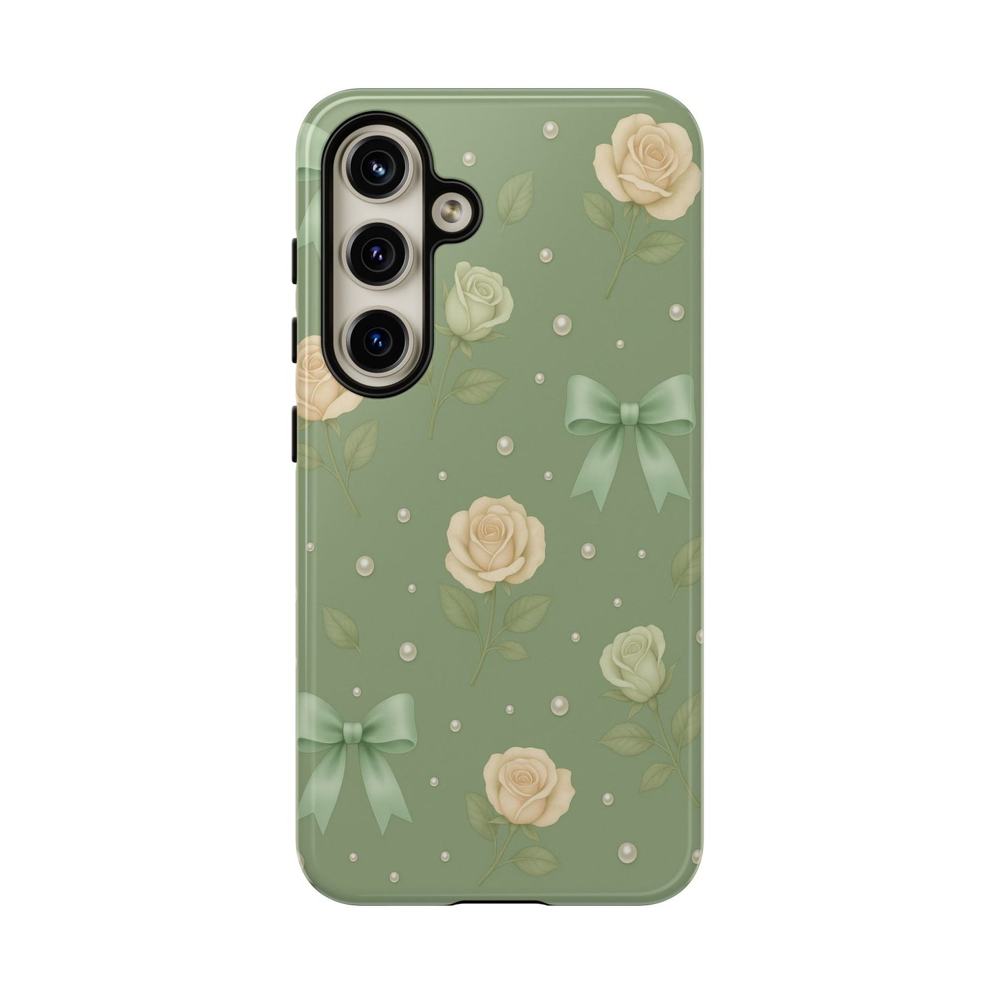 Vintage Rose Bow Phone Case – Sage Green Floral Coquette Aesthetic Tough Case (iPhone, Samsung, Pixel)