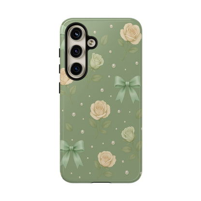 Vintage Rose Bow Phone Case – Sage Green Floral Coquette Aesthetic Tough Case (iPhone, Samsung, Pixel)
