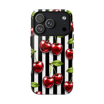 Cherry Pattern Phone Case Black White Stripe Retro Aesthetic Tough Cover