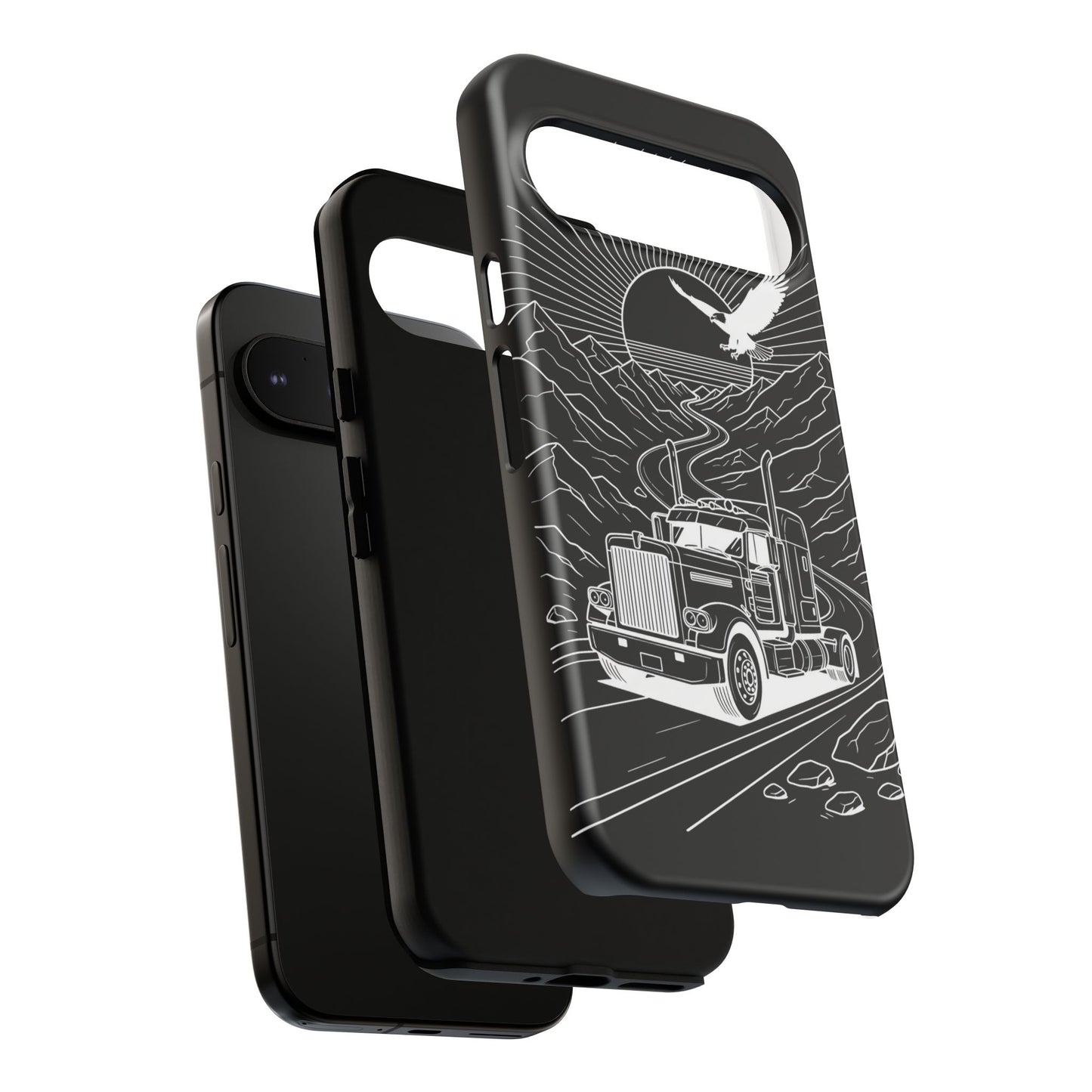 Trucker Highway Phone Case | Eagle & Mountain Line Art | Black Western Tough Case