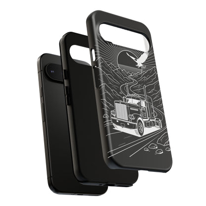 Trucker Highway Phone Case | Eagle & Mountain Line Art | Black Western Tough Case