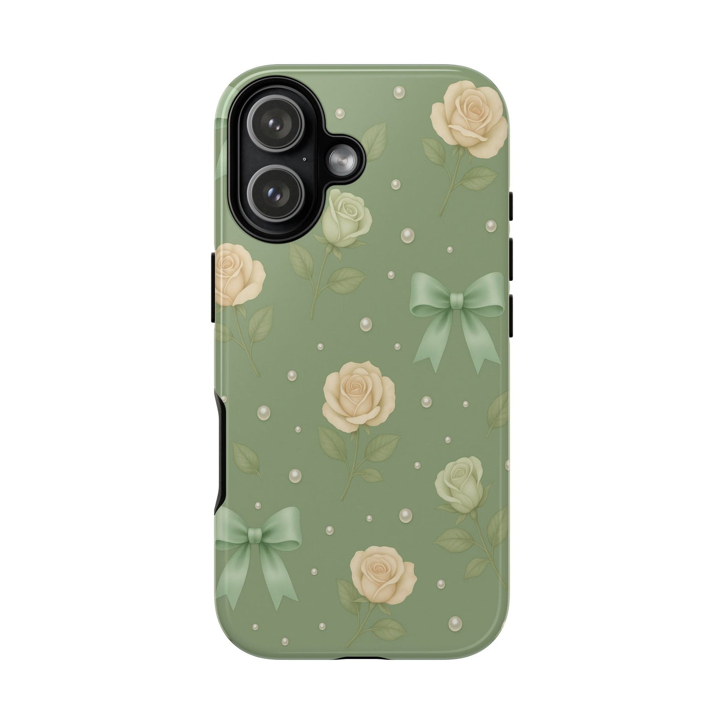 Vintage Rose Bow Phone Case – Sage Green Floral Coquette Aesthetic Tough Case (iPhone, Samsung, Pixel)