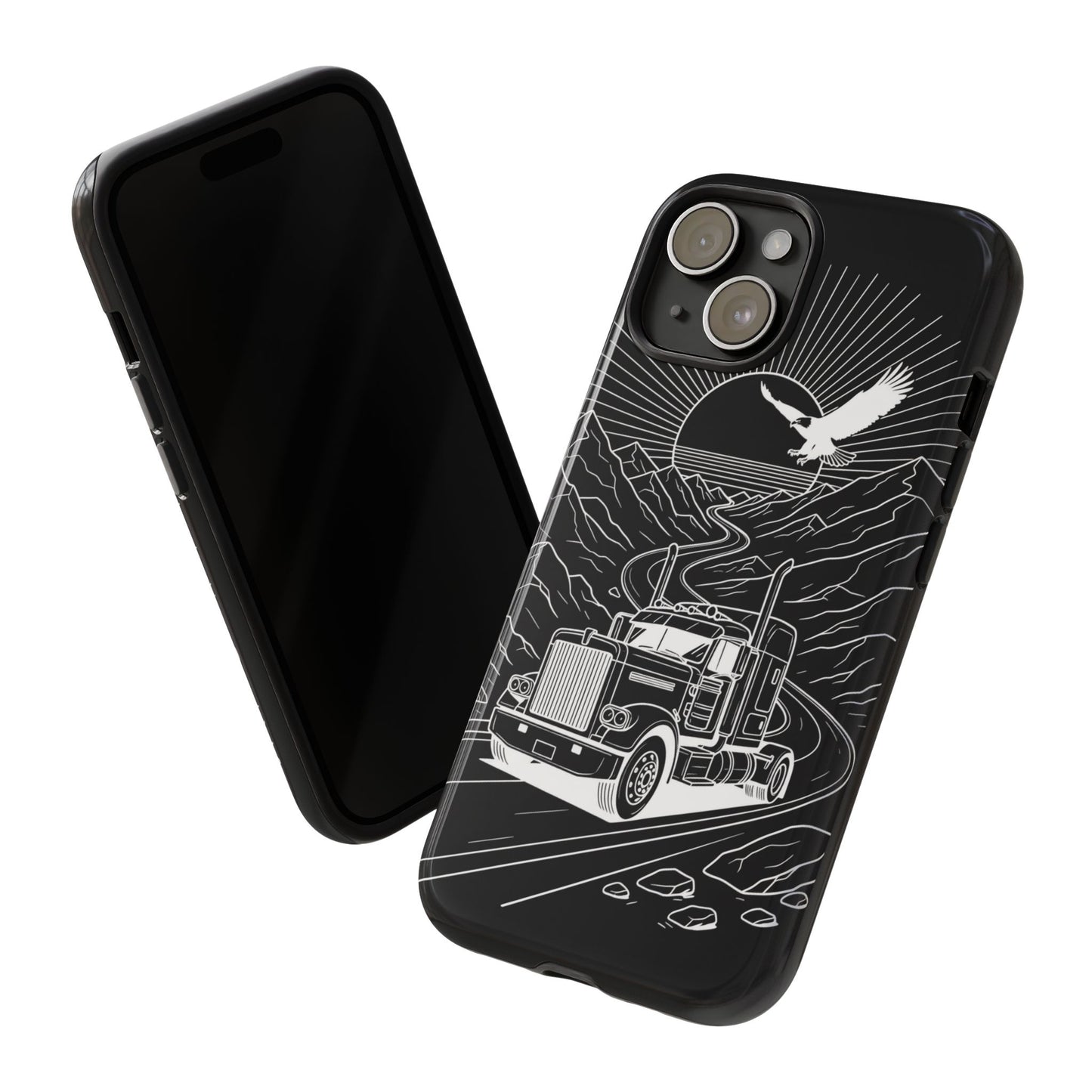 Trucker Highway Phone Case | Eagle & Mountain Line Art | Black Western Tough Case