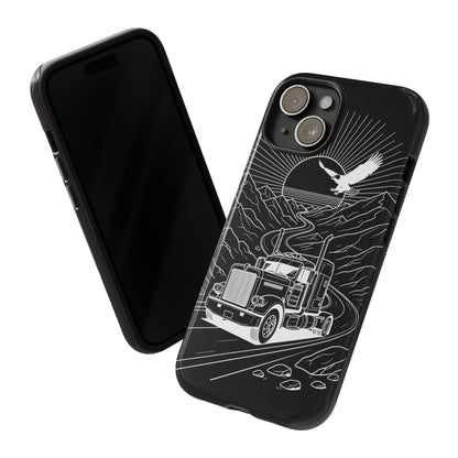 Trucker Highway Phone Case | Eagle & Mountain Line Art | Black Western Tough Case