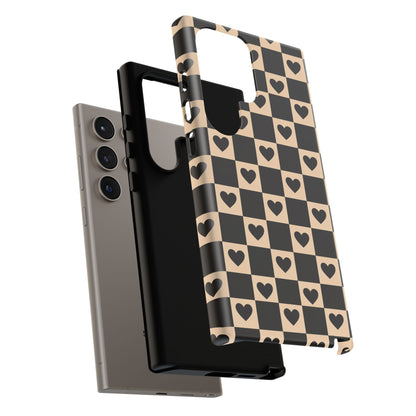 Checkerboard Heart Phone Case – Black & Beige Cute Aesthetic Protective Cover for Iphone, Samsung Galaxy and Pixel