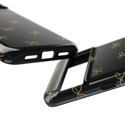Black Phone Case with Gold Bow Pattern – Slim Protective Cute Aesthetic Cover for Iphone, Samsung Galaxy and Pixel