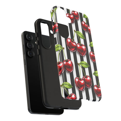 Cherry Pattern Phone Case Black White Stripe Retro Aesthetic Tough Cover
