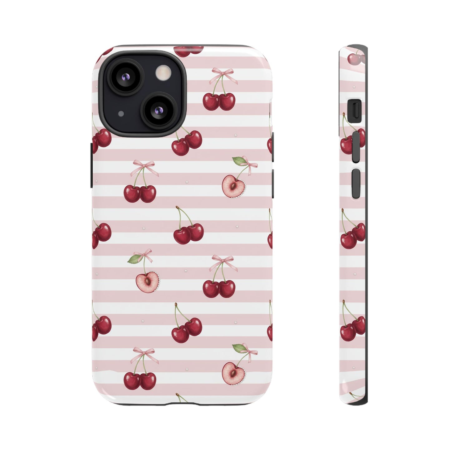 Pink Cherry Stripe Phone Case | Cute Coquette Aesthetic Protective Tough Case