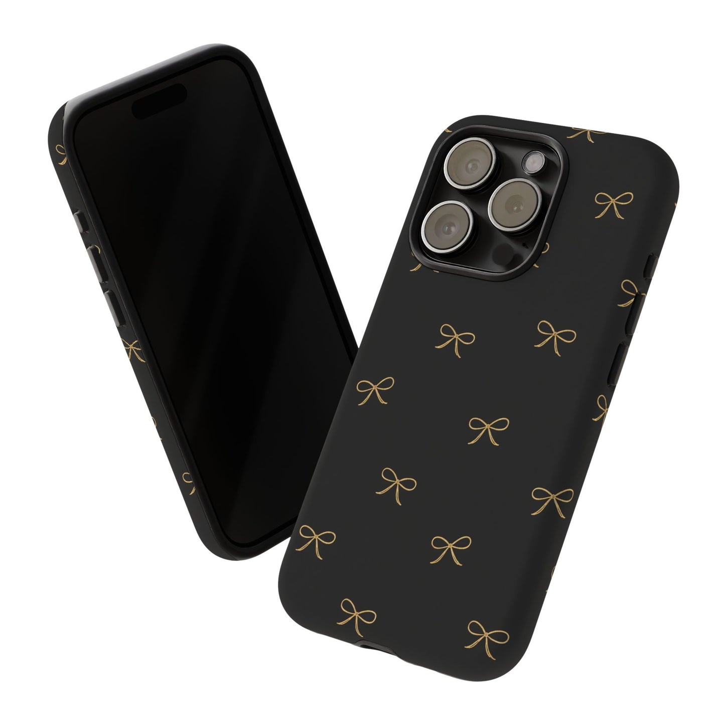 Black Phone Case with Gold Bow Pattern – Slim Protective Cute Aesthetic Cover for Iphone, Samsung Galaxy and Pixel