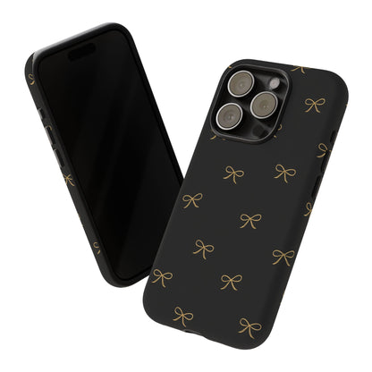 Black Phone Case with Gold Bow Pattern – Slim Protective Cute Aesthetic Cover for Iphone, Samsung Galaxy and Pixel