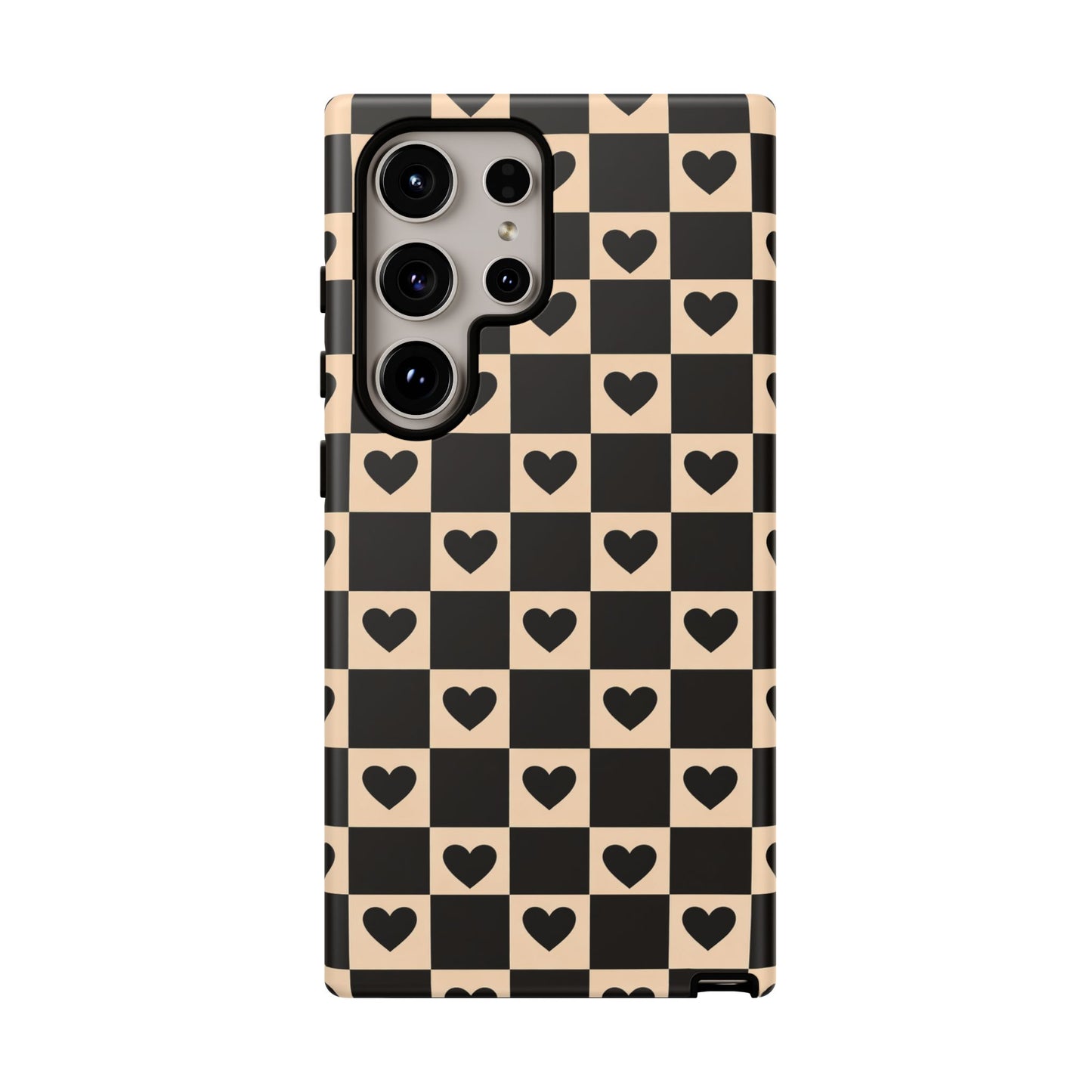 Checkerboard Heart Phone Case – Black & Beige Cute Aesthetic Protective Cover for Iphone, Samsung Galaxy and Pixel