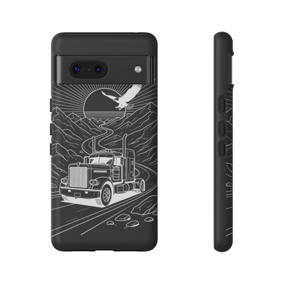 Trucker Highway Phone Case | Eagle & Mountain Line Art | Black Western Tough Case