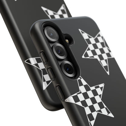 Checkered Star Tough Phone Case – Black Retro Graphic Protective Cover for Iphone, Samsung Galaxy and Pixel