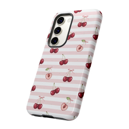 Pink Cherry Stripe Phone Case | Cute Coquette Aesthetic Protective Tough Case