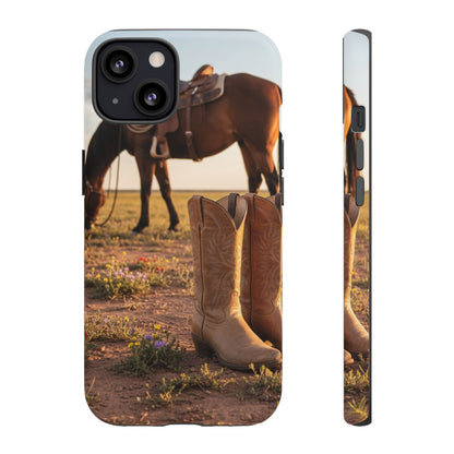 Western Cowboy Boots Phone Case – Rustic Horse Sunset Tough Case (iPhone, Samsung, Pixel)