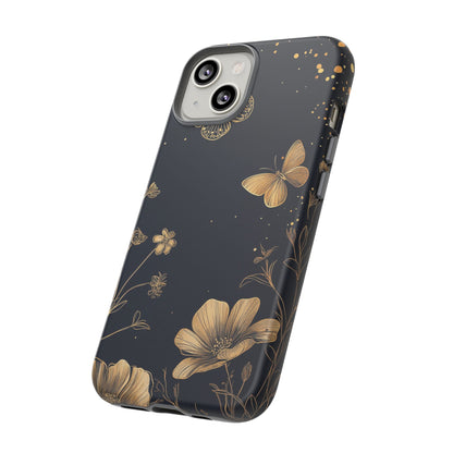 Gold Floral Butterfly Phone Case, Dark Aesthetic Botanical, Elegant Black Luxury iPhone Samsung Cover