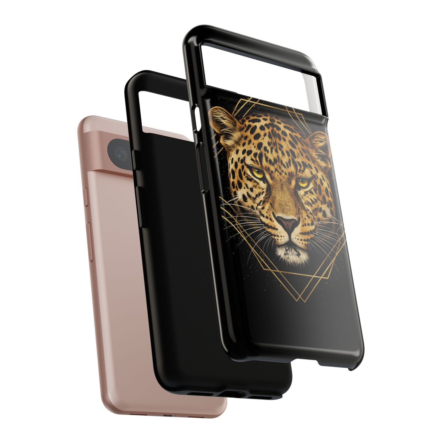Leopard Head Geometric Phone Case – Black & Gold Luxe Tough Case